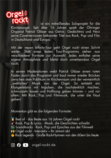 Werbeplakat für das Musikprojekt Orgel rockt, das Kirchenorgelmusik mit Rock-, Pop- und Filmmusik verbindet.